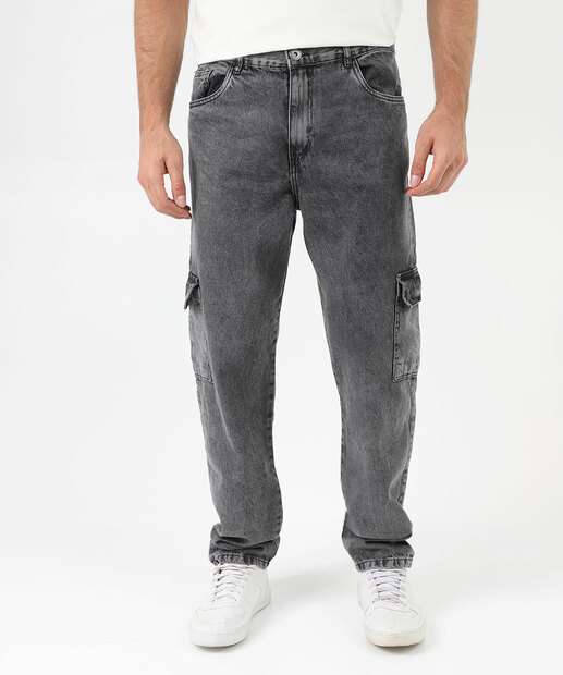 Calça Masculina Reta Jeans Cargo Preto