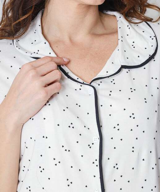 Pijama Americano Feminino Corações Viés Marisa Off White