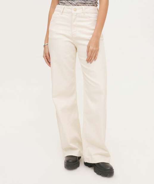 Calça Sarja Wide Leg Bolsos Feminina 