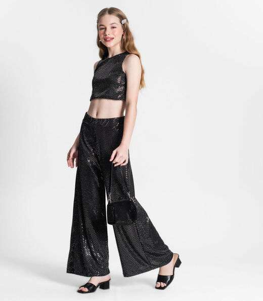 Calça Juvenil Wide Leg Em Lantejoulas Minty Preto