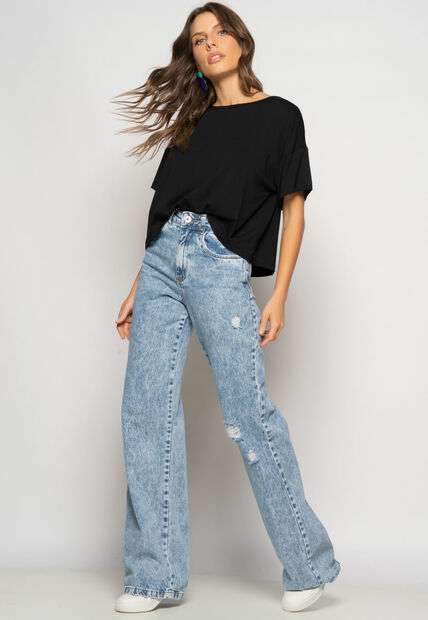 Cropped Amplo Manga Curta Malha Preto Salvatore