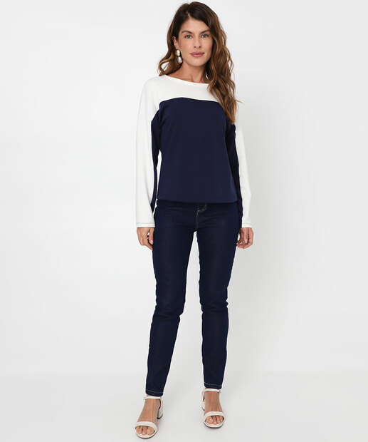Blusa Feminina Moletinho Bicolor Manga Longa Marisa Azul