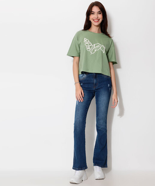 Blusa Feminina Bordado Folha Manga Curta Marisa