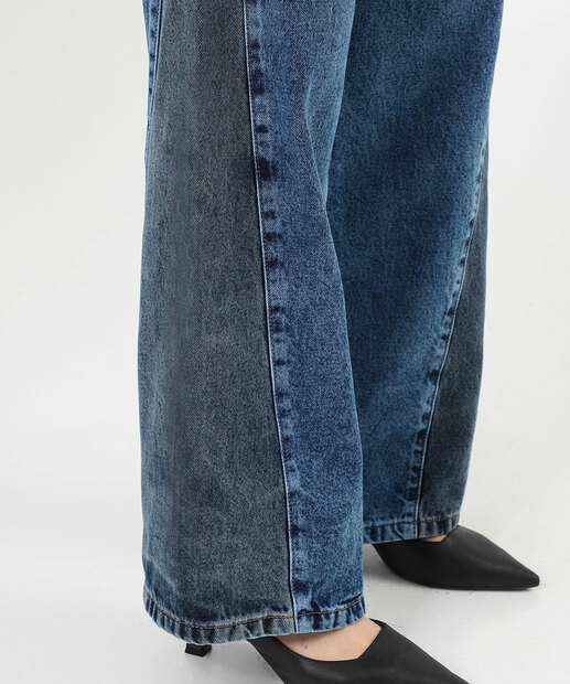 Calça Jeans Wide Leg Bicolor Feminina Sawary Azul