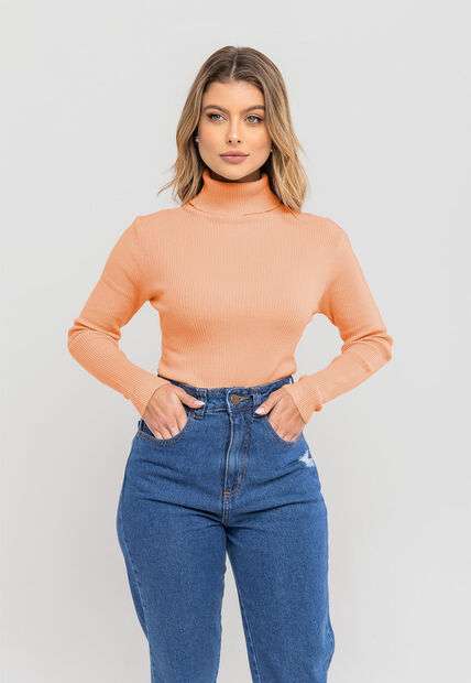 Blusa Tricot Modal Canelado Gola Rolê Laranja Salvatore