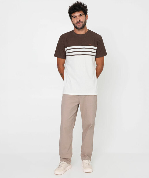 Camiseta Masculina Listras Recorte Manga Curta Marisa Marrom