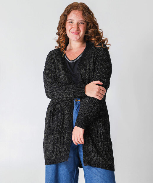 Image_Cardigan Plus Size Feminino Chenille Brilho Lurex Marisa Preto