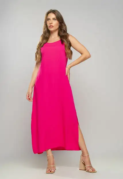 Vestido Longo Viscolinho Fenda Pink Salvatore Fashion