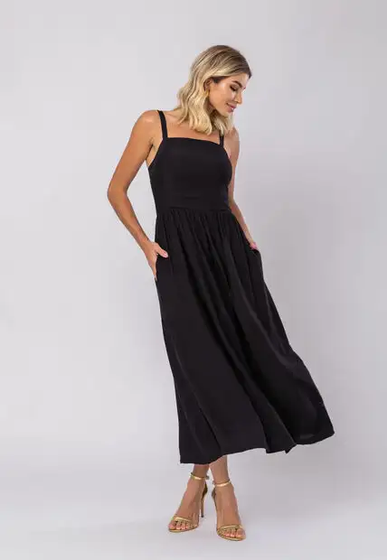 Vestido Midi Alfaiataria Bolsos Preto Salvatore