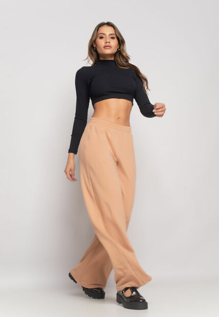 Calça Wide Leg Com Bolso Moletinho Bege Salvatore