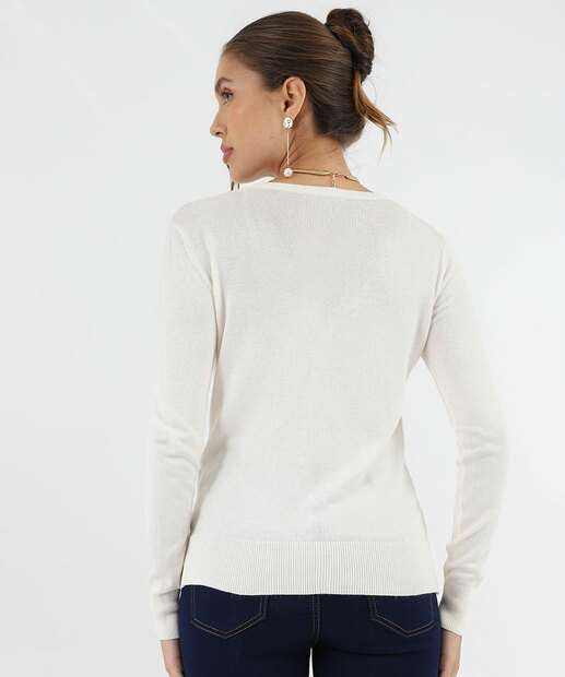 Cardigan Feminino Botões Pérolas Sintéticas Marisa Off White