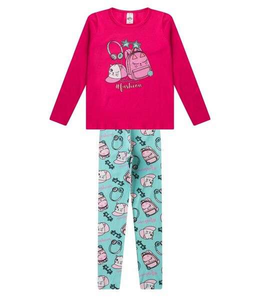 Conjunto Menina Em Cotton Manga Longa Kappes Rosa