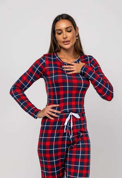 Pijama Calça e Blusa M/L Malha Xadrez Vermelho Salvatore Fashion