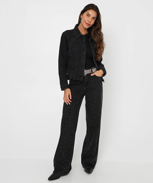 Image_Calça Feminina Jeans Wide Leg Strass Sawary Preto