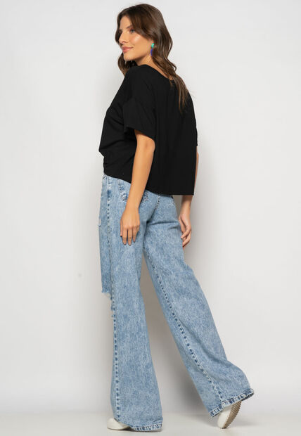 Cropped Amplo Manga Curta Malha Preto Salvatore