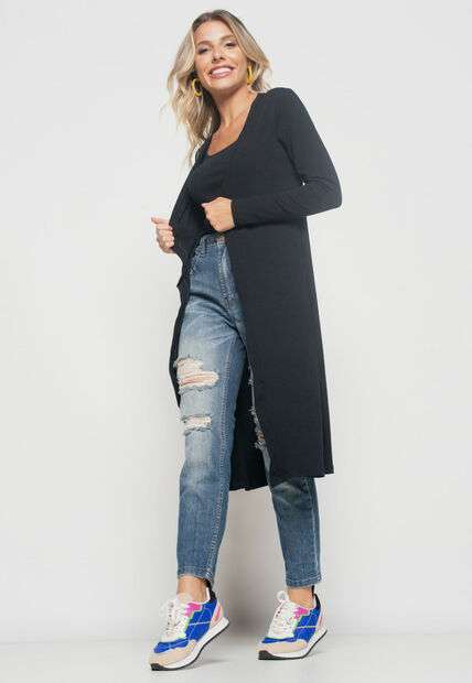 Kimono  Alongado Manga Longa Canelado Preto Salvatore Fashion