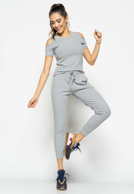 Conjunto  Comfy Com Blusa Ombro Vazado e Jogger Canelada Mescla Salvatore Fashio