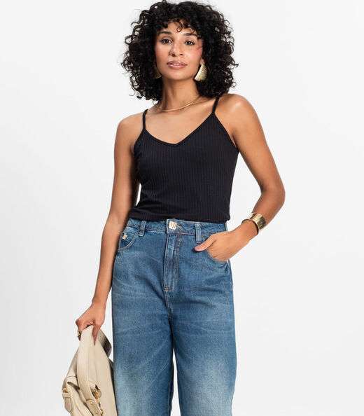 Blusa De Alça Feminina Ribana Canelada Rovitex Preto