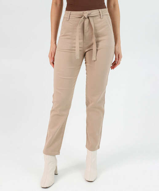 Calça Mom Sarja Clochard Cintura Alta Biotipo Bege