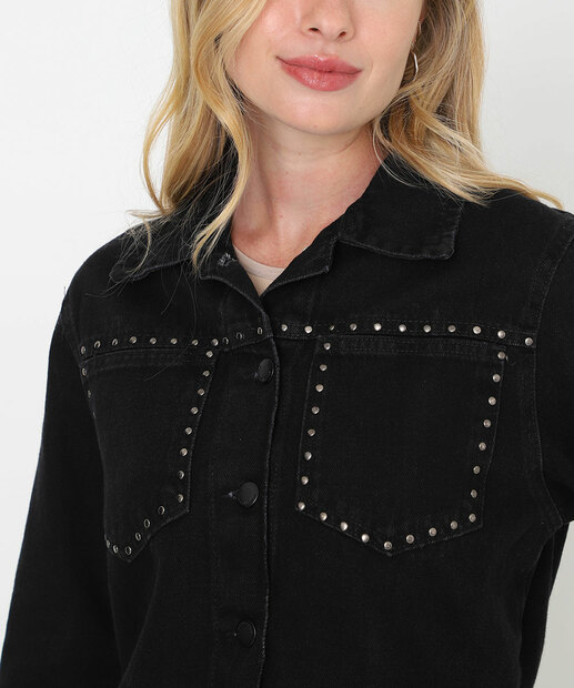 Jaqueta Feminina Jeans Bolsos Tachas Preto