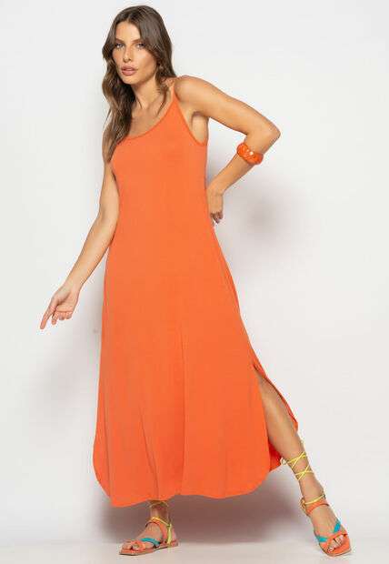 Image_Vestido Longo Alcinha Com Barra Arredondada E Bolsos Telha Salvatore