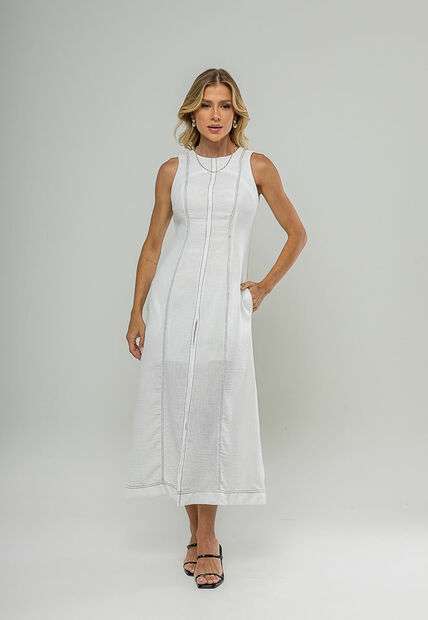 Vestido Midi Com Fenda Frontal E Costura Contrastante Branco Salvatore