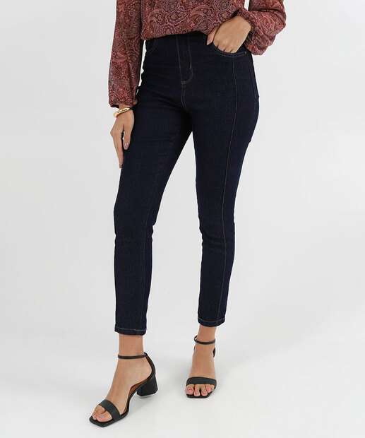 Calça Jeans Skinny Feminina Cintura Alta Bolsos Azul