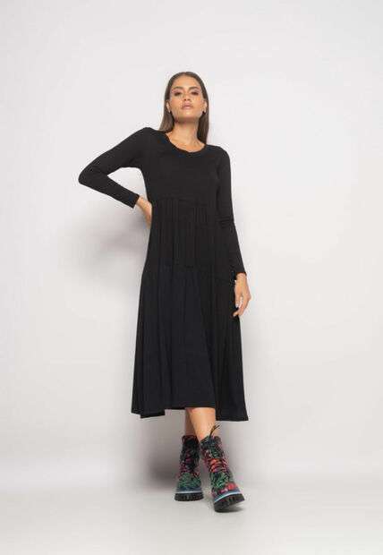 Vestido Midi Manga Longa Com Babado Malha Preto Salvatore