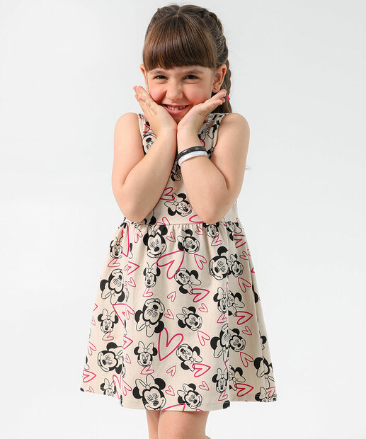 Vestido Infantil Minnie Disney Tam 4 a 10 Bege