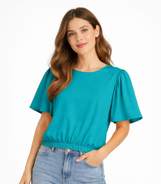 Image_Blusa Feminina Com Franzido Na Manga Infinita Cor Azul
