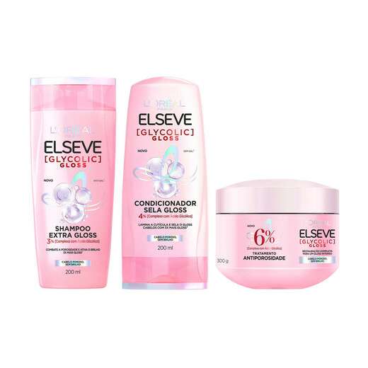 Kit Elseve Glycolic Gloss Shampoo e Condicionador e Máscara Loréal