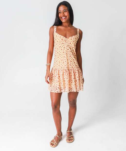 Vestido Feminino Tule Babado Flores Marisa Amarelo