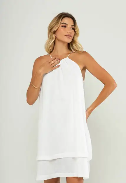 Vestido Curto Com Alças Finas e Babado Duplo Branco Salvatore