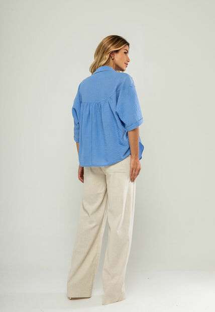 Blusa Ampla Manga Curta E Decote V Azul Salvatore