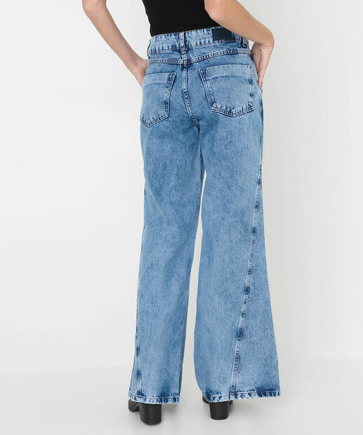 Calça Feminina Wide Leg Fenda Jeans Sawary Azul
