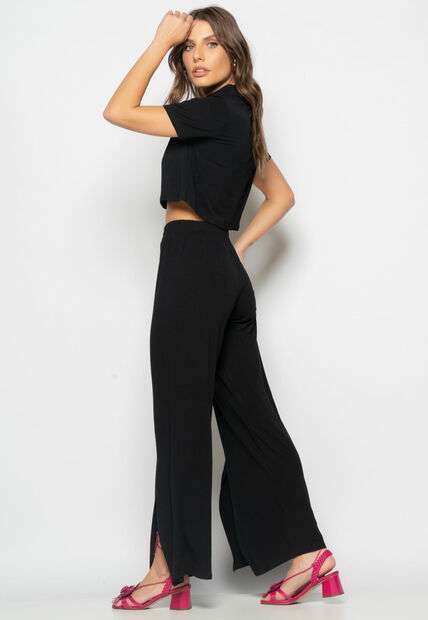 Conjunto Cropped Golão E Calça Fenda Frontal Malha Preto Salvatore
