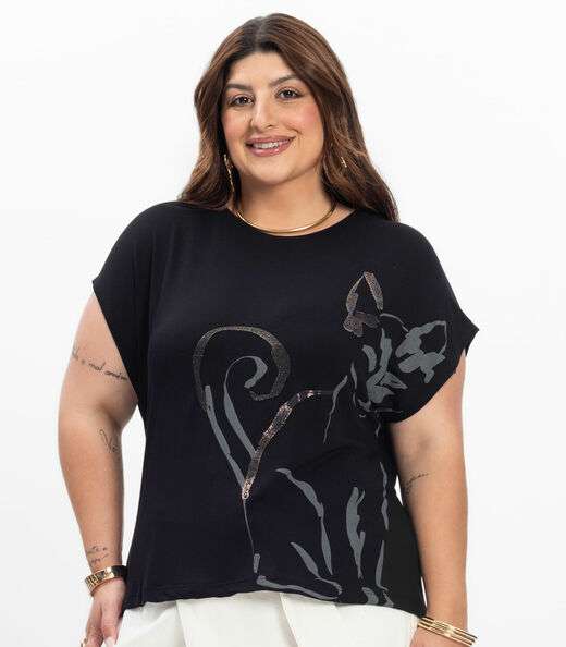 Camiseta Feminina Plus Size Secret Glam Preto