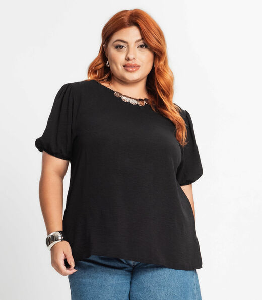 Blusa Plus Size Mangas Bufantes Secret Glam Preto