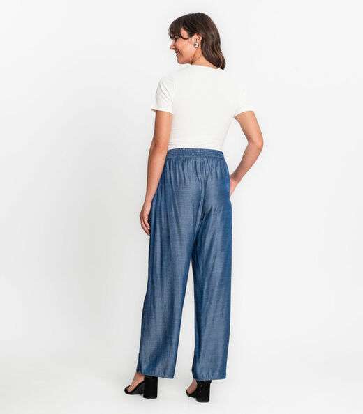 Calça Pantalona Com Cordão Em Liocel Rovitex Azul