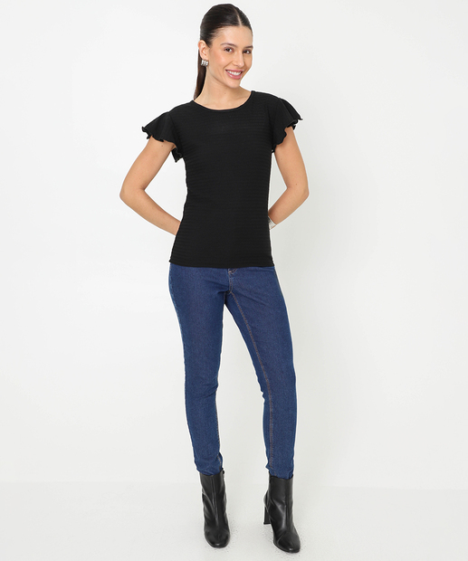 Blusa Feminina Textura Manga Babado Marisa Preto