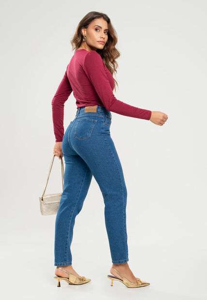 Blusa Básica Manga Longa e Gola Redonda Malha Vinho Salvatore Fashion