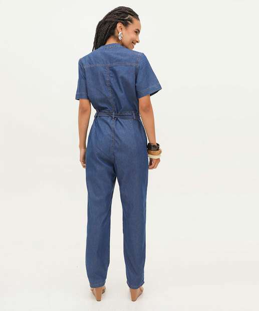 Macacão Feminino Jeans Tiras Amarração Marisa
