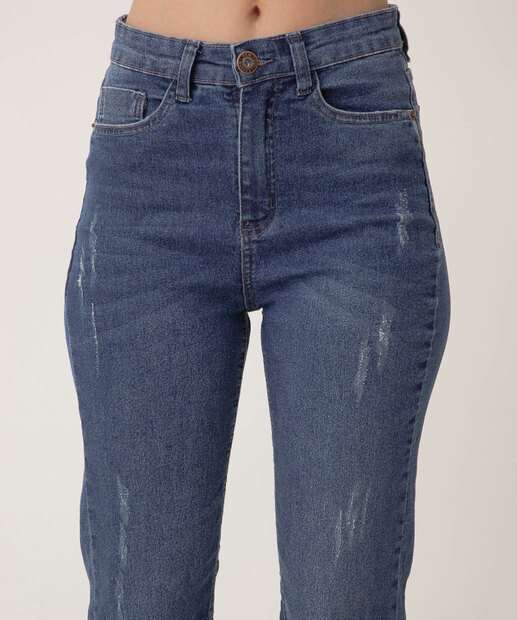 Calça Jeans Feminina Flare Puídos Cintura Alta