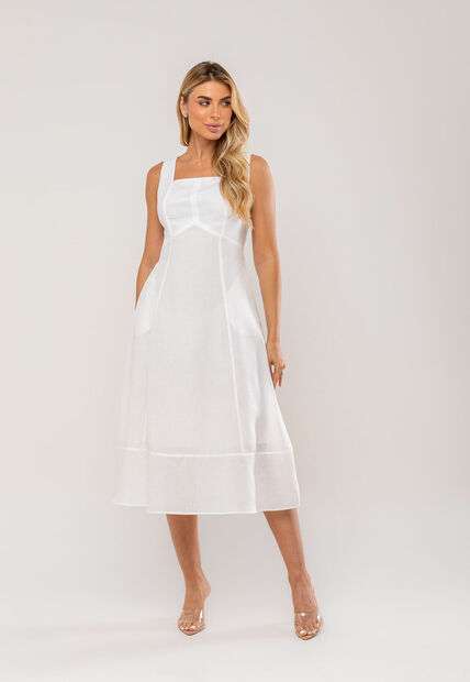 Vestido Midi Decote Reto e Alça Larga Branco Salvatore