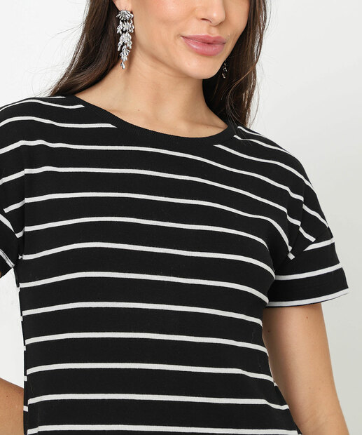 Vestido Midi Feminino Listrado Manga Curta Marisa Preto