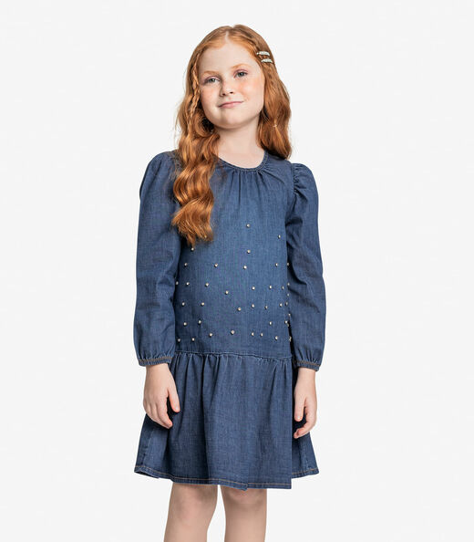 Vestido Infantil Manga Longa Jeans Trick Nick Azul