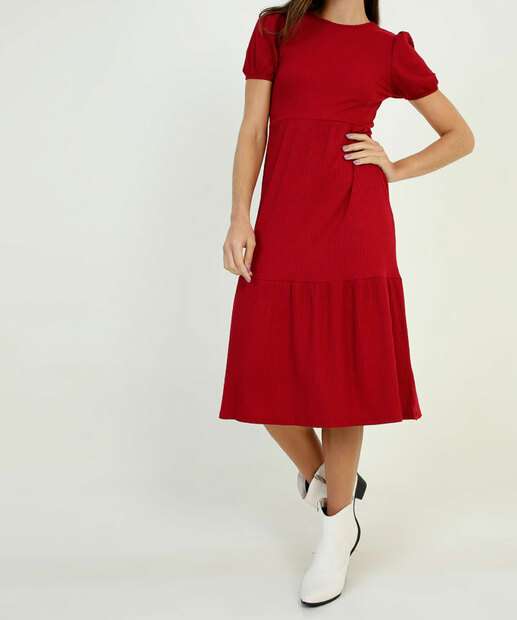 Vestido Midi Feminino Canelado Manga Curta Bufante Marisa