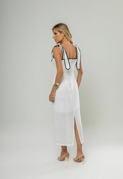 Vestido Midi Com Alças De Amarração e Acabamento Contrastante Branco Salvatore