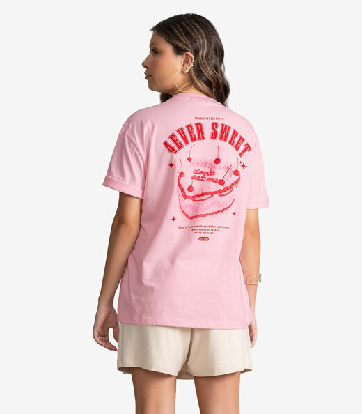 T-Shirt Feminina Meia Malha Com Estampa Minty Rosa