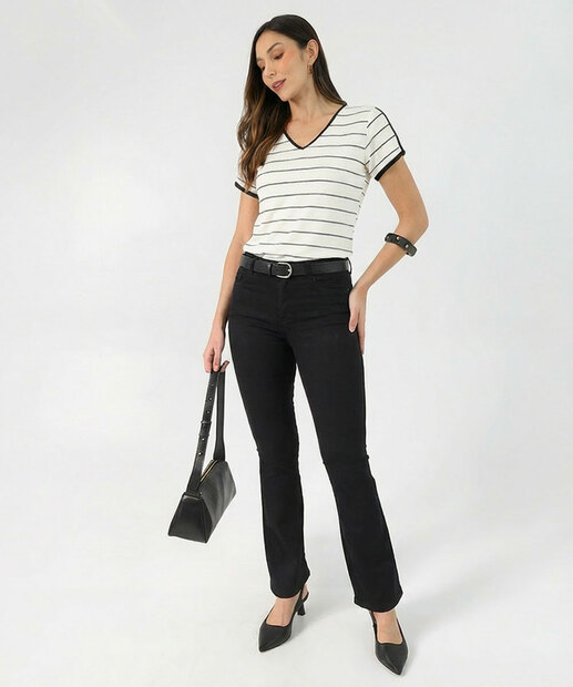 Blusa Feminina Viscolycra Listrada Manga Curta Vazada Marisa